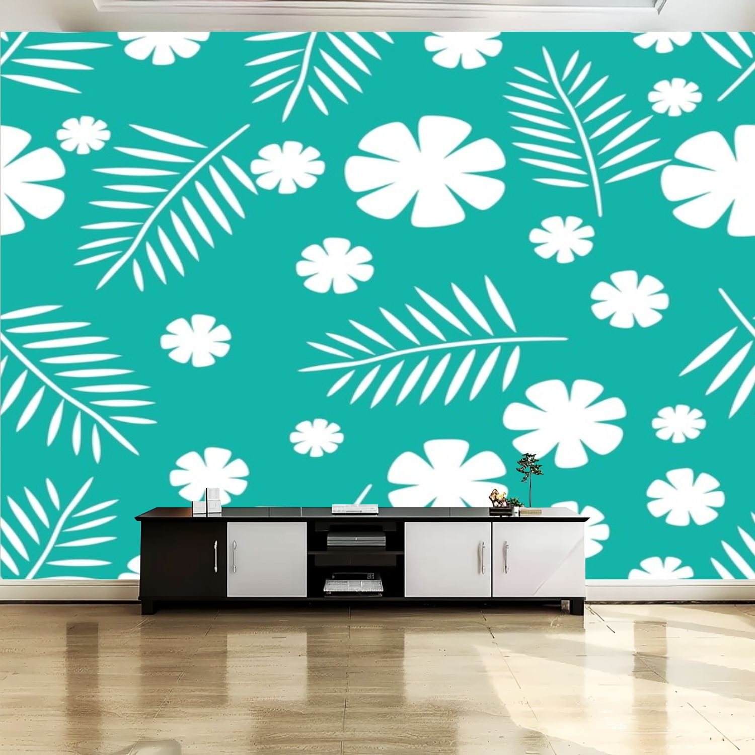 Peel and Stick Canvas Wallpaper Wall Mural White Tropical Leaves ...