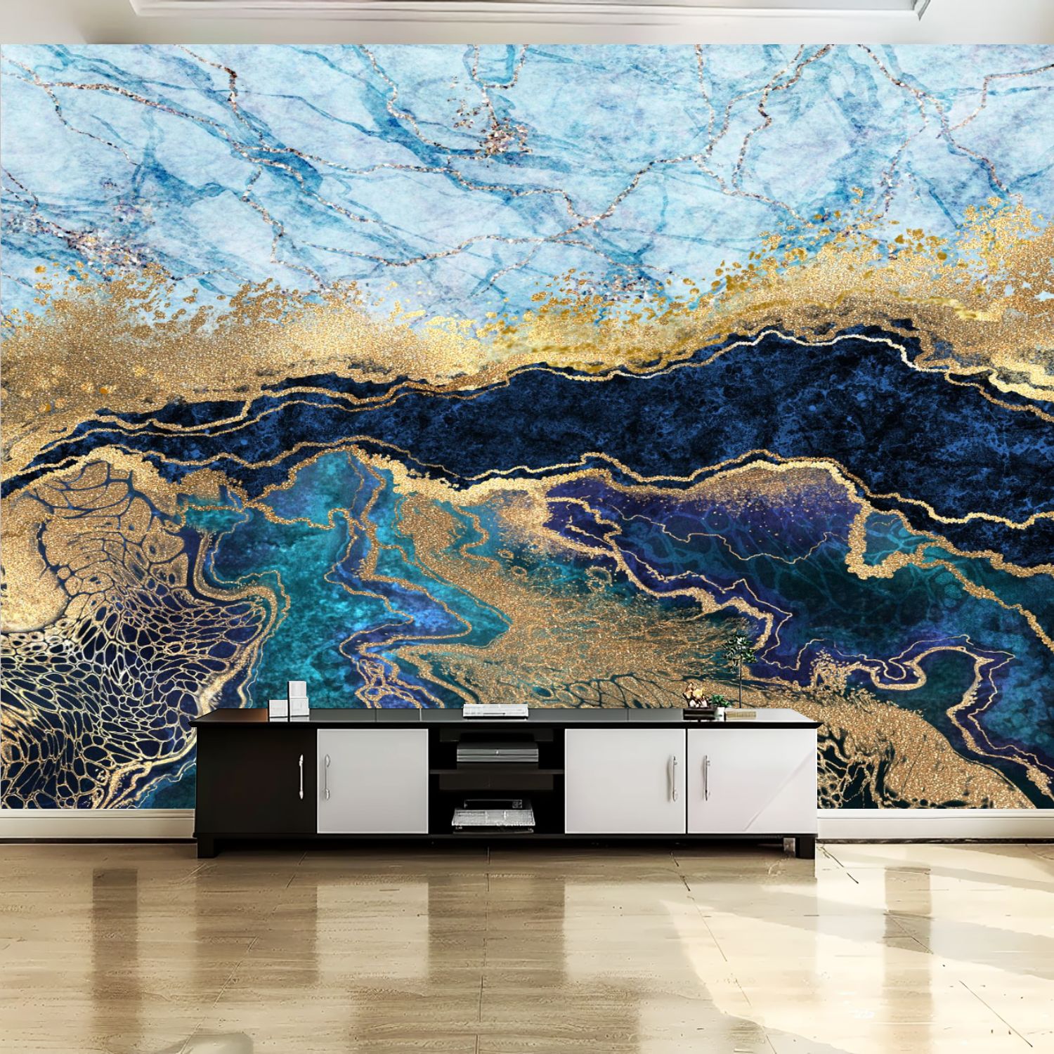 Peel and Stick Canvas Wallpaper Wall Mural abstract blue marble fake ...