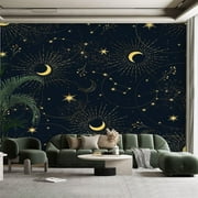 Peel and Stick Canvas Wallpaper Wall Mural blue seamless moon plants stars Mystical esoteric for design fabric Wall Art Self Adhesive and Removable 100in x 144in