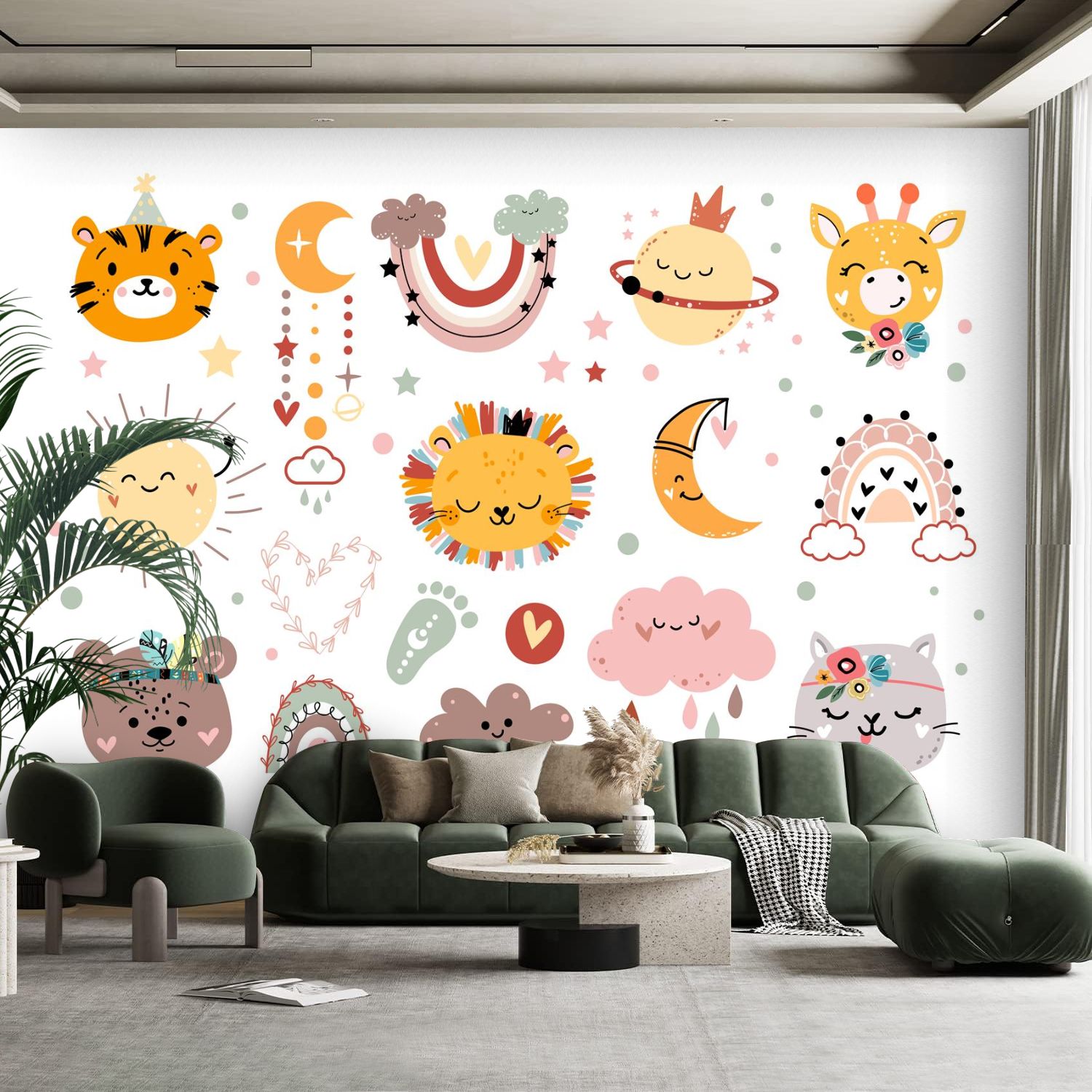 Peel and Stick Canvas Wallpaper Wall Mural hand drawn cute animal faces ...