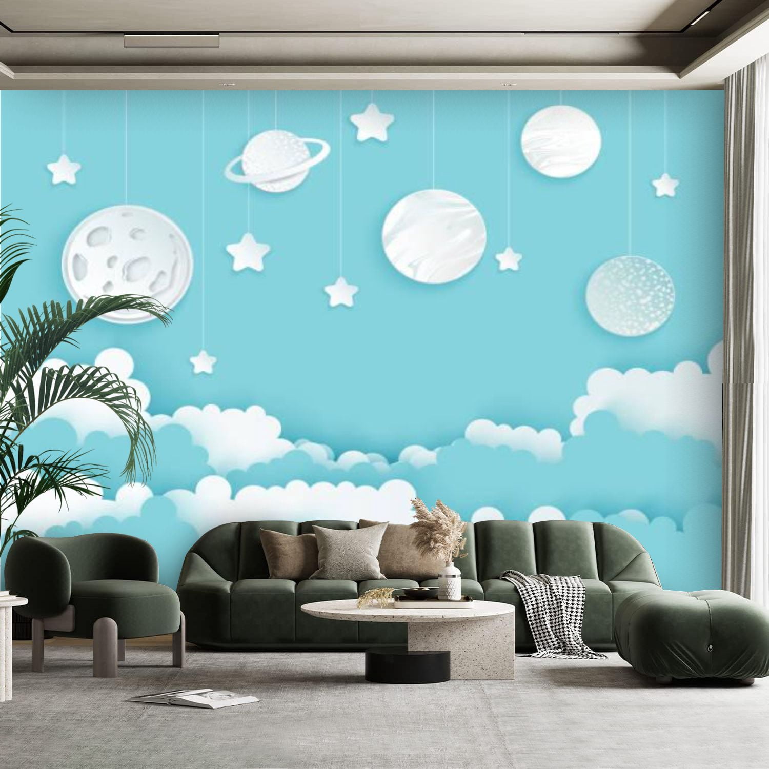 Peel and Stick Canvas Wallpaper Wall Mural modern paper art clouds moon ...