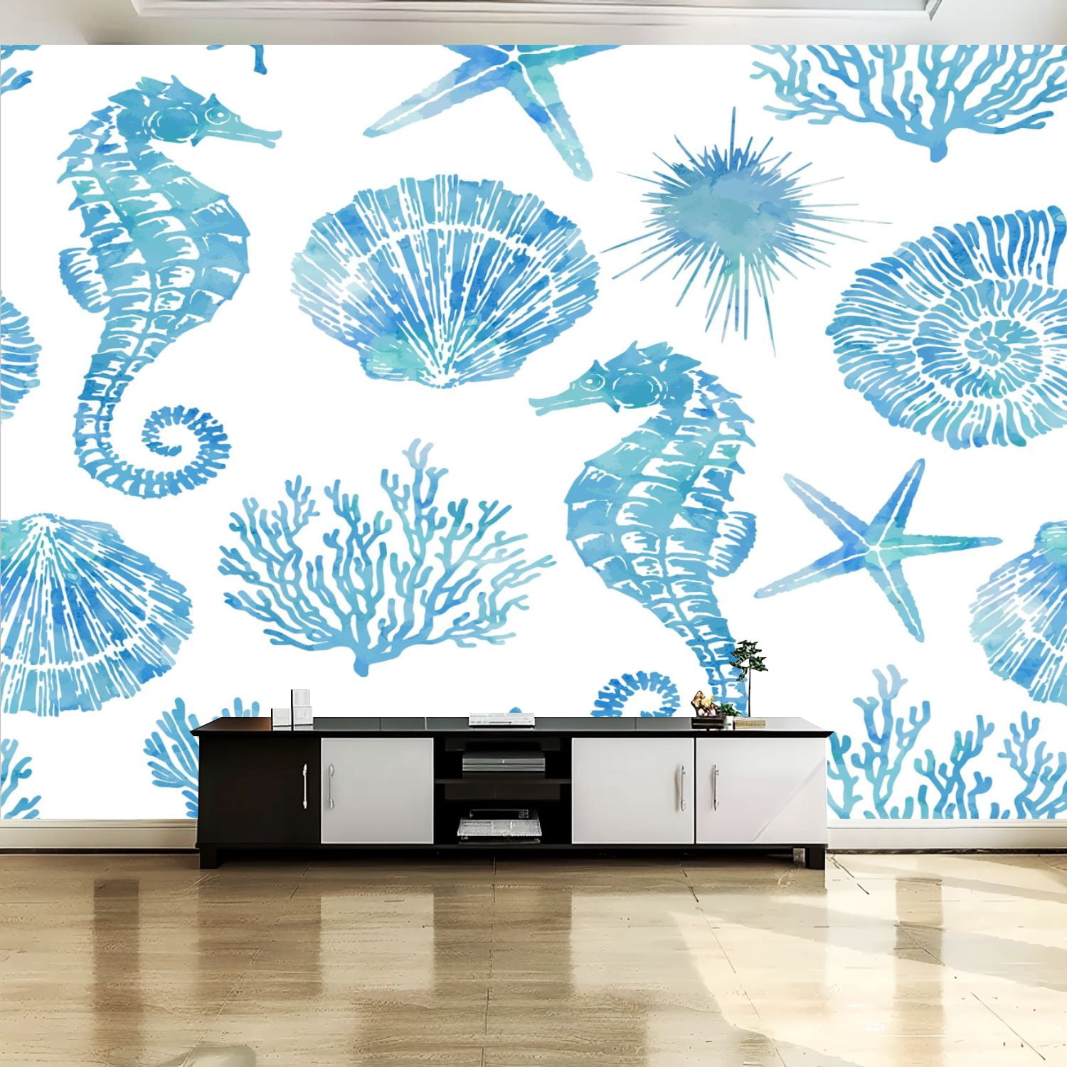 Peel and Stick Canvas Wallpaper Wall Mural sea pattern watercolor style ...