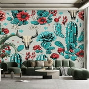 Peel and Stick Canvas Wallpaper Wall Mural tribal skull cactus western fabric textile skeleton bull boho animal Wall Art Self Adhesive and Removable 100in x 144in