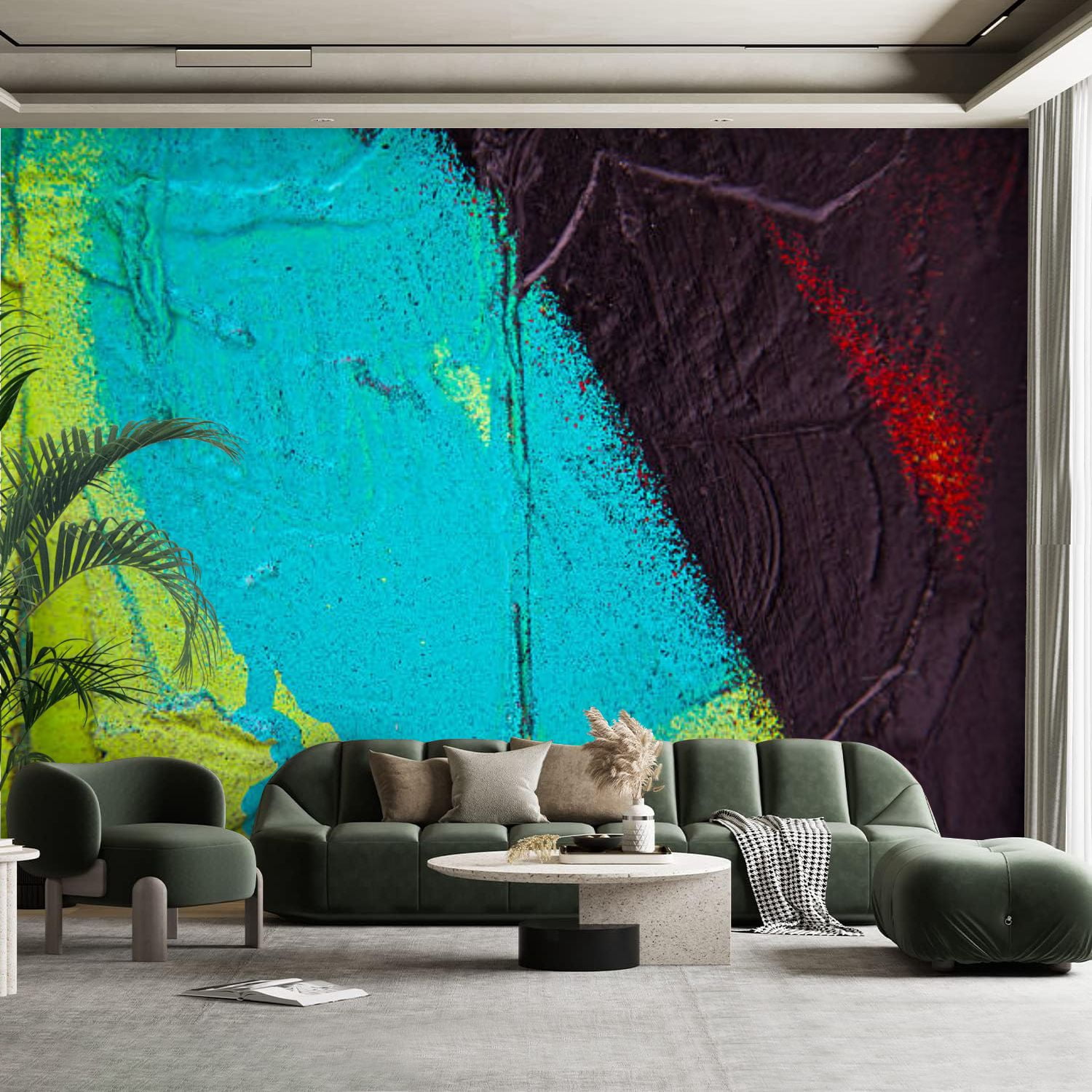 Peel and Stick Canvas Wallpaper Wall Mural yellow turquoise graffiti ...