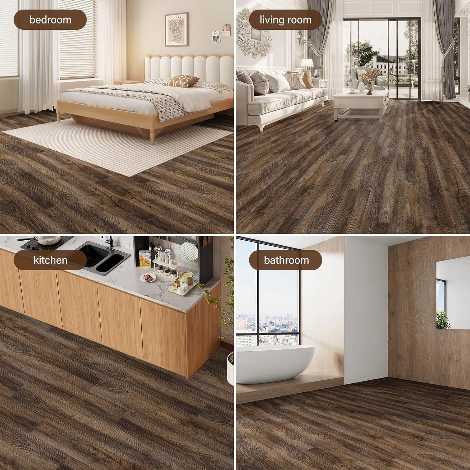 Peel and Stick Floor Tile,  36-Pack 54 Sq.Ft Self Adhesive Vinyl Plank Flooring Wood Grain Look 36x6 Inch Waterproof Tile Sticker for Bedroom, Living Room, Kitchen, RV (Smoked Brown)
