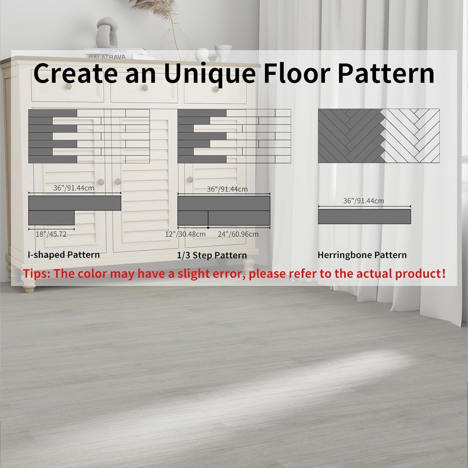 Peel and Stick Floor Tile, 54 Sq.Ft Self Adhesive Vinyl Flooring Plank, 36 Pieces Waterproof Heavy Duty Wood Grain Tiles, 36"x6" DIY Planks for Bedroom Kitchen Apartment Bathroom White