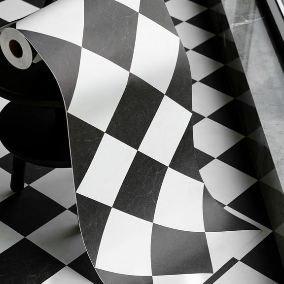 Peel and Stick Floor Tile, Black Checked Pattern Continuous Vinyl Roll Flooring 15.7'' x 19.68 ft Roll Covers 25.83 sq. ft, Effortless Alignment, Seamless Look Design for Bathroom, Kitchen
