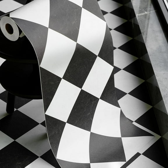 Peel and Stick Floor Tile, Black Checked Pattern Continuous Vinyl Roll Flooring 15.7'' x 19.68 ft Roll Covers 25.83 sq. ft, Effortless Alignment, Seamless Look Design for Bathroom, Kitchen