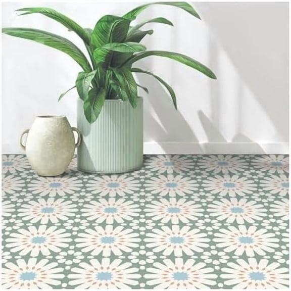 Peel and Stick Floor Tile, Self-Adhesive DIY Vinyl Flooring, Removable and Tile Sticker for Bathroom, Kitchen, Wall, Fireplace (20PCS,7.87" x 7.87",Green and White Floral Look)