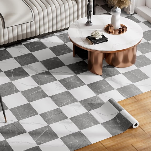 Peel and Stick Floor Tile Vinyl Flooring Roll Self Adhesive 23"x 118"/19.4 Sq.Ft Linoleum Laminate Flooring Roll Grey&White Marble Color Waterproof Floor Sticker for Home Room Improvement