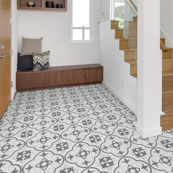 Peel and Stick Floor Tile Waterproof 20PCS, Gray Floral Peel and Stick Flooring, Easy DIY Vinyl Flooring and Suit for Bathroom,Kitchen and More 12in x 12in