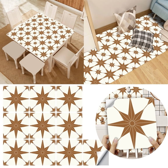 Peel and Stick Floor Tiles, 20cm/8inch×10Sheet Waterproof Removable Non-Slip Vinyl Plank Flooring Tile for Bathroom Kitchen Bedroom, Renter Friendly Floor Decor DIY, Brown Star
