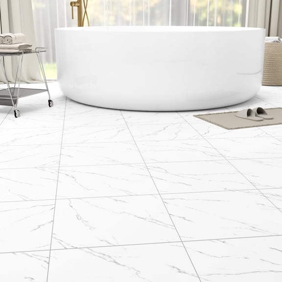 Peel & Stick Floor Tiles White Vein Marble 12x12 Inch 40-count DIY Use for Bathroom Kitchen Living Room RV