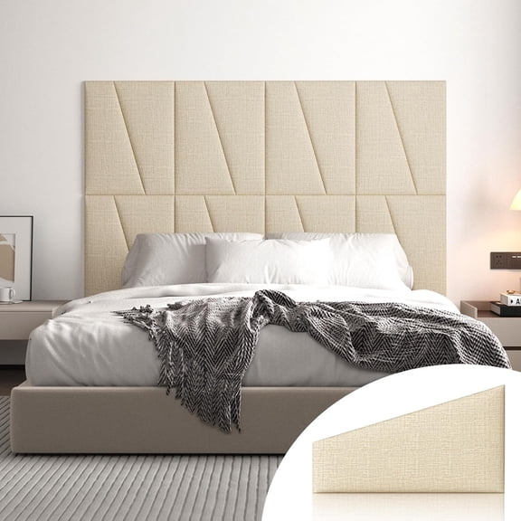 Peel and Stick Headboard for King Bed Linen Fabric Upholstered Wall Mounted Headboard - Wall Padding Panel in Beige for Bedroom/Living Room/Dorm (8 Panels)
