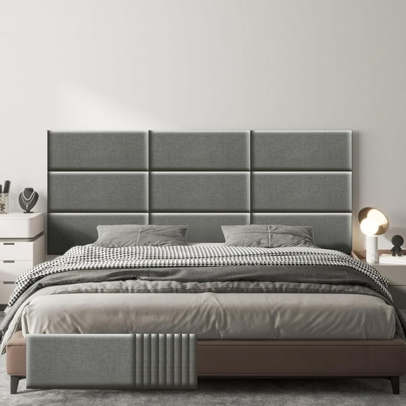 Peel and Stick Headboard for Queen Size Bed in Darkgray, Pack of 9 Panels for Bed Backboard, Soundproof Linen 3D Padded Wall Panels, Upholstered Wall Panel 23.6 * 11.8 * 1.9’’