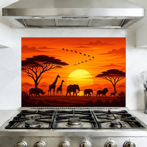 Peel and Stick Kitchen Backsplash Mural African landscape scene safari animal savannah silhouette Sunset, 35.4" x 23.6" Oil Proof Vinyl Wallpaper for Stove & Fireplace