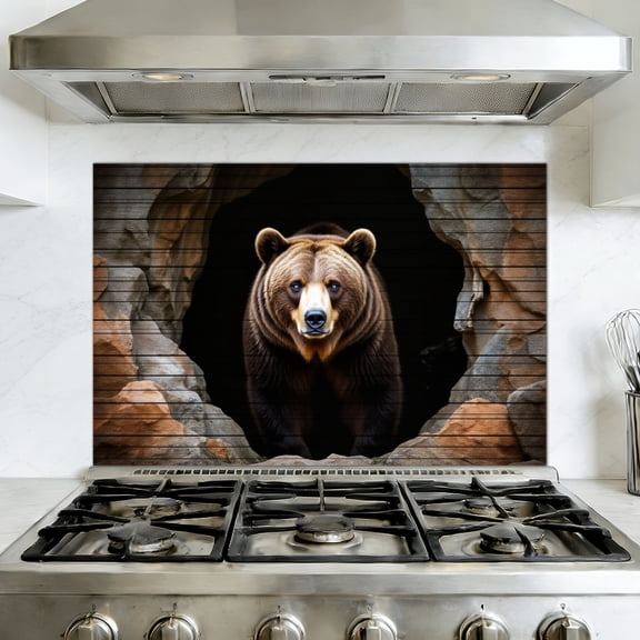 Peel and Stick Kitchen Backsplash Mural Bear Vintage Wildlife Rustic Cabin Grizzly Bear Rock Cave Entrance, 35.4" x 23.6" Oil Proof Vinyl Wallpaper for Stove & Fireplace