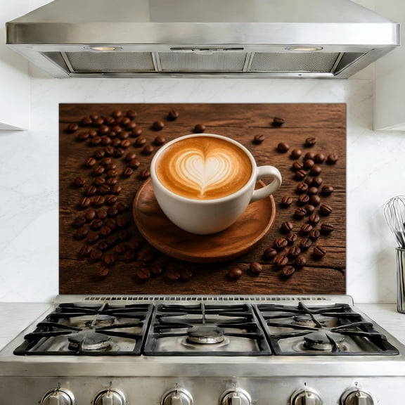 Peel and Stick Kitchen Backsplash Mural Cup Cappuccino Heart Latte Art Wooden Table Scattered Coffee Beans, 35.4" x 23.6" Oil Proof Vinyl Wallpaper for Stove & Fireplace