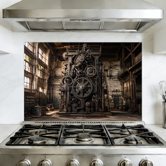 Peel and Stick Kitchen Backsplash Mural Industrial Machinery Large Gears an Abandoned Factory, 35.4" x 23.6" Oil Proof Vinyl Wallpaper for Stove & Fireplace