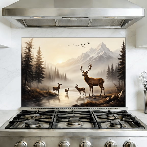 Peel and Stick Kitchen Backsplash Mural Landscape Elk Mountain Modern Room Mountain Peak Pine Trees Flowing, 35.4" x 23.6" Oil Proof Vinyl Wallpaper for Stove & Fireplace