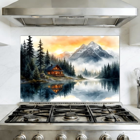 Peel and Stick Kitchen Backsplash Mural Mountain Cabin Sunset Lake Landscape Watercolor Rustic Forest Lodge, 35.4" x 23.6" Oil Proof Vinyl Wallpaper for Stove & Fireplace