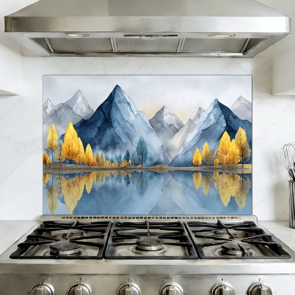 Peel and Stick Kitchen Backsplash Mural Mountain Forest Landscape Blue Nature Scenery Misty Golden Modern, 35.4" x 23.6" Oil Proof Vinyl Wallpaper for Stove & Fireplace
