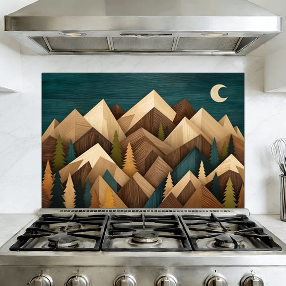 Peel and Stick Kitchen Backsplash Mural Mountain Nature Forest Rustic Farmhouse Moon Mountain Peaks Pine Trees, 35.4" x 23.6" Oil Proof Vinyl Wallpaper for Stove & Fireplace
