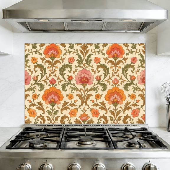 Peel and Stick Kitchen Backsplash Mural Orange Pink Flowers Green Leaves 1960s Retro Vintage, 35.4" x 23.6" Oil Proof Vinyl Wallpaper for Stove & Fireplace