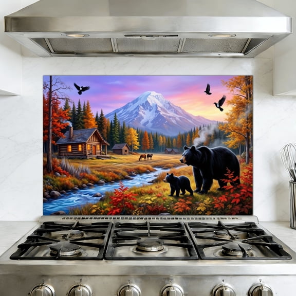 Peel and Stick Kitchen Backsplash Mural Routine Visitors Mountains Bears Cabin Autumn Trees River Oil Painting, 35.4" x 23.6" Oil Proof Vinyl Wallpaper for Stove & Fireplace