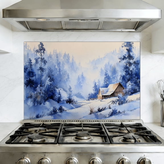 Peel and Stick Kitchen Backsplash Mural Vintage Watercolor Blue Ridge Mountains Forest Landscape Farmhouse, 35.4" x 23.6" Oil Proof Vinyl Wallpaper for Stove & Fireplace