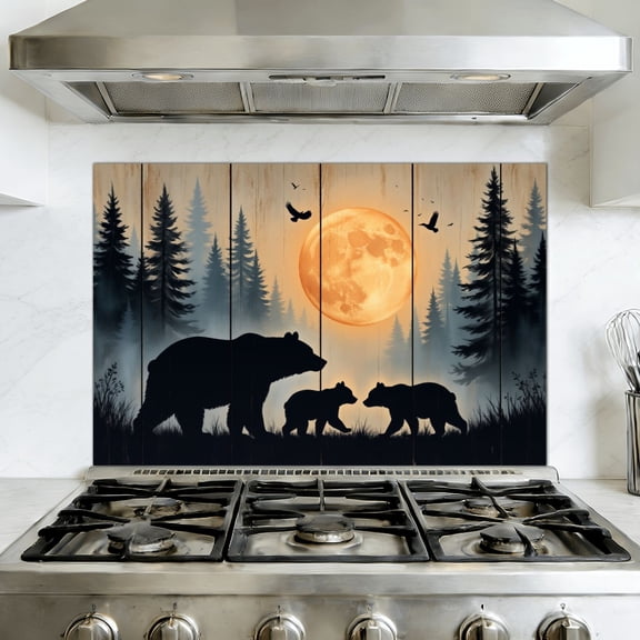Peel and Stick Kitchen Backsplash Mural Wildlife Bear Rustic Cabin Forest Mountain Animals Landscape Rustic, 35.4" x 23.6" Oil Proof Vinyl Wallpaper for Stove & Fireplace