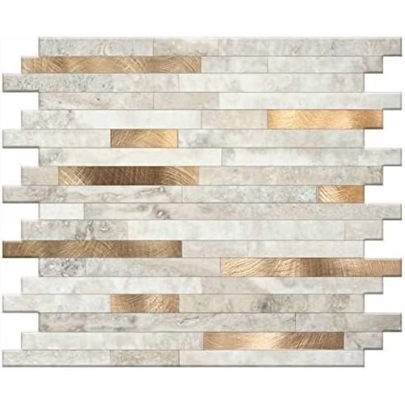 Peel and Stick Marble Backsplash Tile, 1-Sheet, Beige Marble with  Golden Stripes, Self-Adhesive  Wall Tile for Kitchen, Bathroom, Fireplace, RV (11.4"x10.6", 4mm Thick)