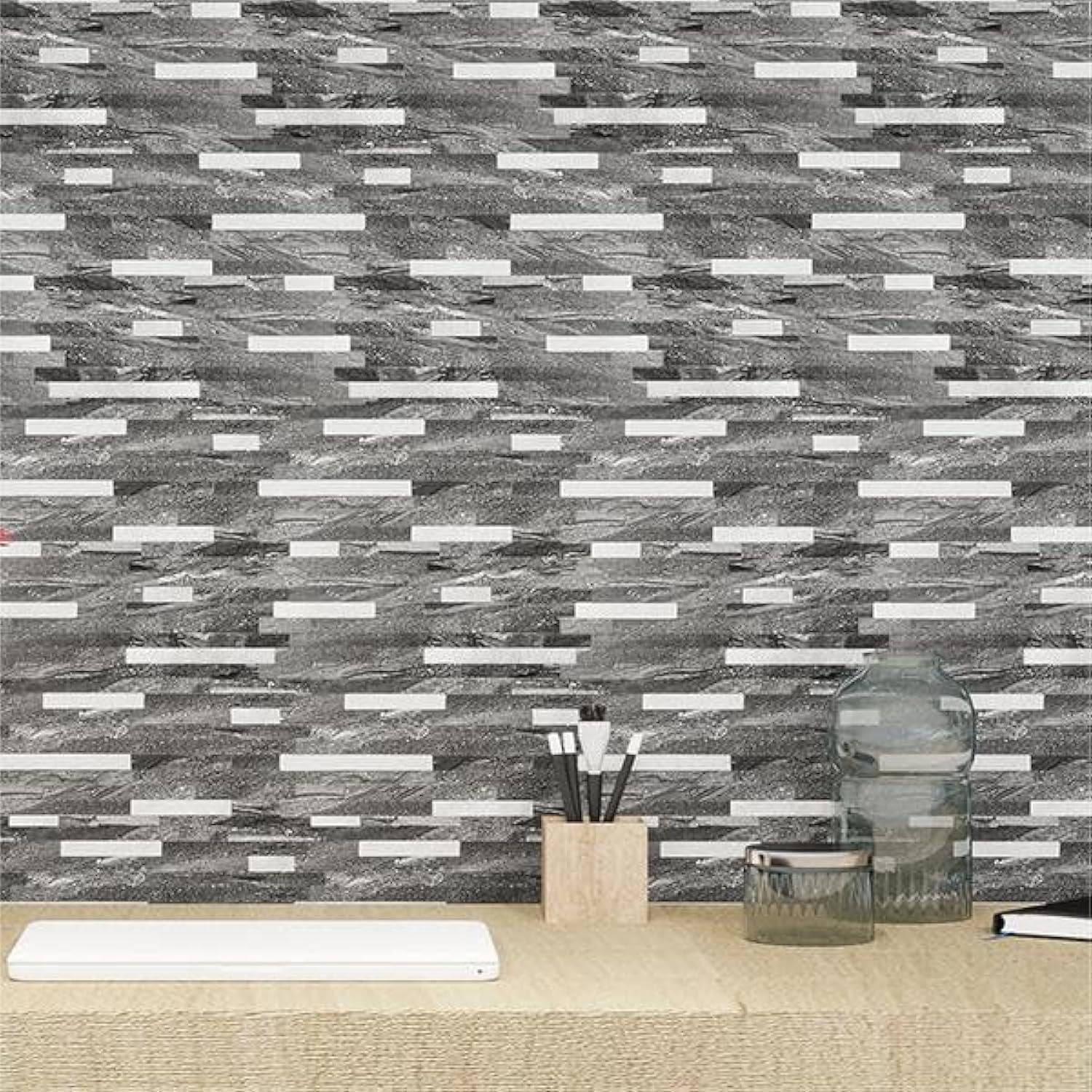 Peel and Stick Marble Backsplash Tile, 10 Sheets, Black Marble with  Embellished Stripes, Self-Adhesive Wall Tile for Kitchen, Bathroom, Fireplace, RV (11.4" x 10.6")