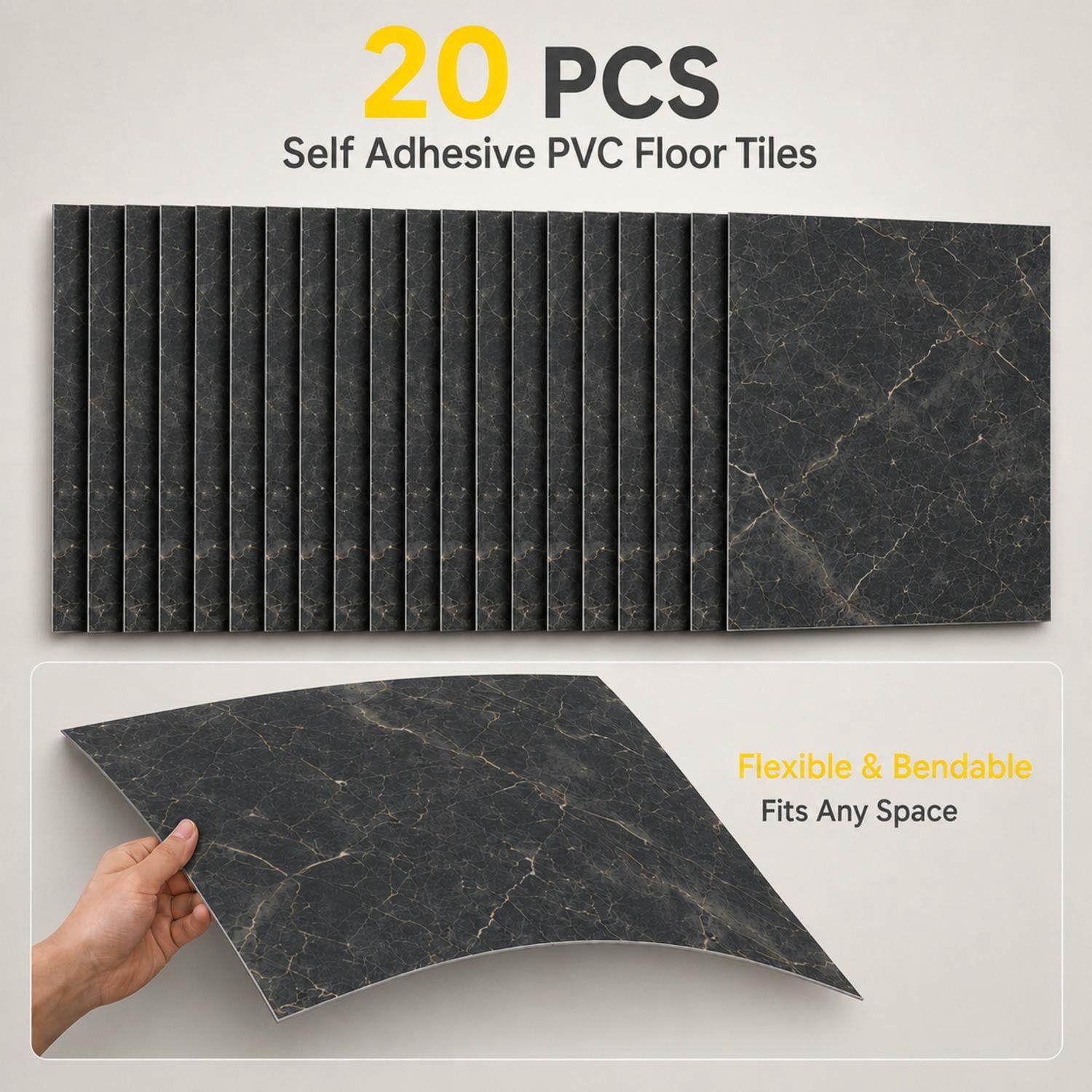Peel and Stick PVC Vinyl Flooring 20-Pack 24x24 Inch, Self-Adhesive Floor Tiles and Waterproof Flooring for Home Kitchen Bathroom, Black Marble Pattern