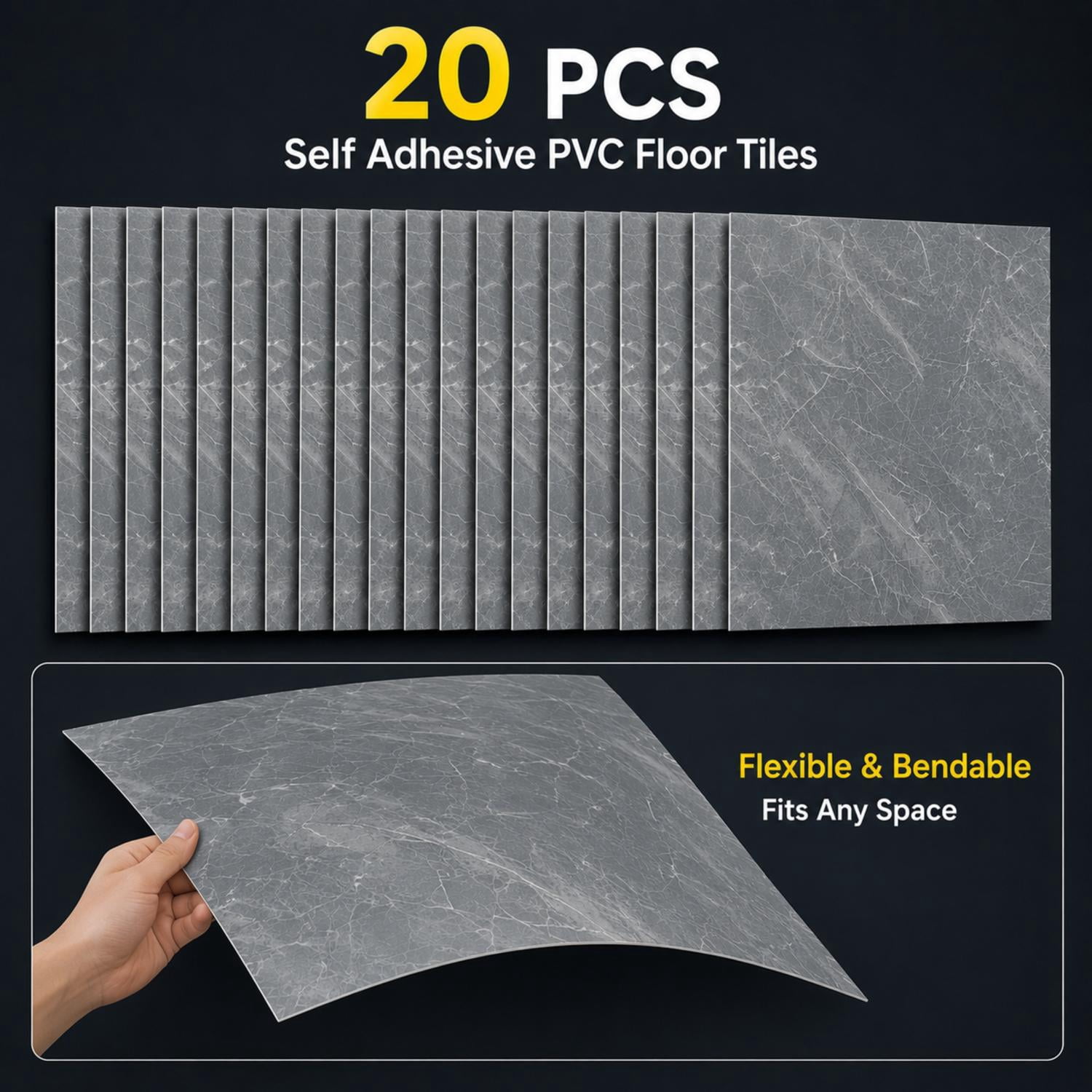 Peel and Stick PVC Vinyl Flooring 20-Pack 24x24 Inch, Self-Adhesive Floor Tiles and Waterproof Flooring for Home Kitchen Bathroom, Gray Marble Pattern