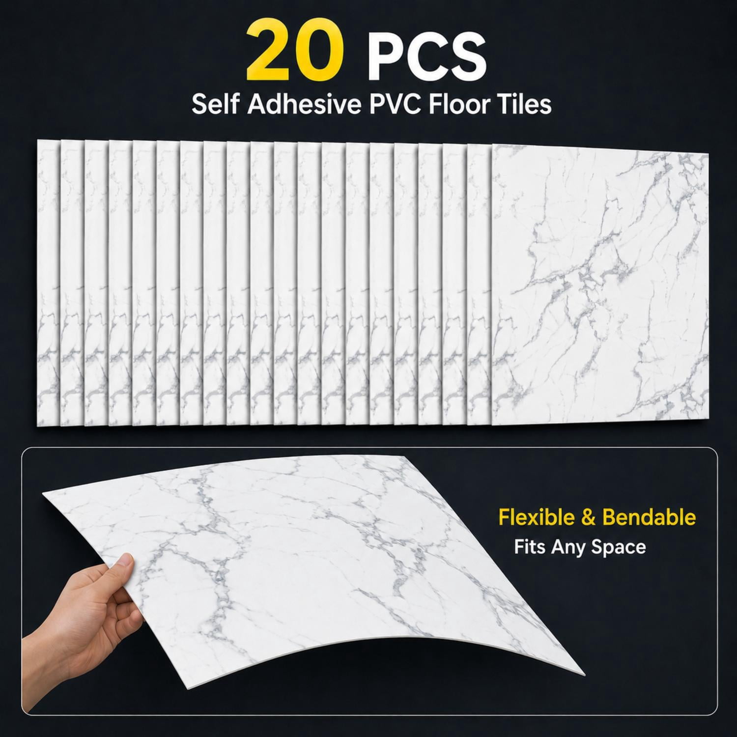 Peel and Stick PVC Vinyl Flooring 20-Pack 24x24 Inch, Self-Adhesive Floor Tiles and Waterproof Flooring for Home Kitchen Bathroom, White Marble Pattern