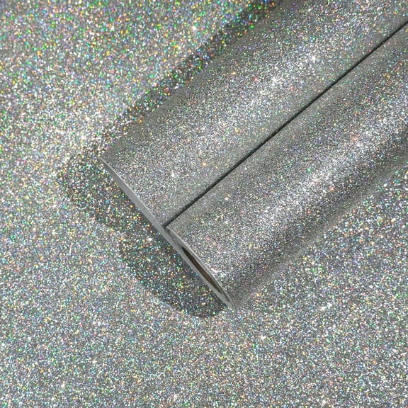 Peel and Stick Silver Holographic Glitter Wallpaper for Bedroom Walls Removable Sparkle Silver Glitter Fabric Wallpaper Self Adhesive Shiny Glitter Contact Paper for Cabinets Craft 15.7''x236''