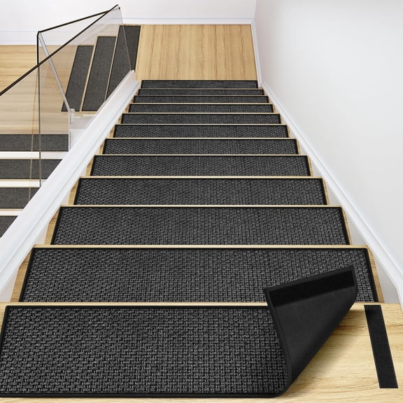 Peel and Stick Stair Carpet Treads for Wooden Steps,15 Pack Indoor Black Stair Mats, Basement Safety Stick On Stair Rug Step Pads for Pet Dog, Elders and Kids