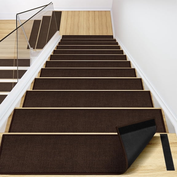 Peel and Stick Stair Treads with Rubber Backed Pack of 15, Jute Stair Rug Staircase Step Treads, Reusable Stair Pads Step Mats for Bare Feet, 30"x8", Deep Brown