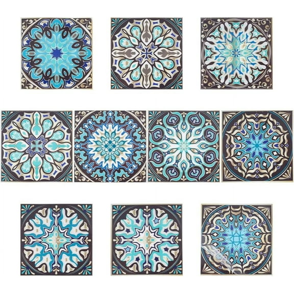 Peel and Stick Tile Stickers PVC Plastic Self-Adhesive Wall Stickers Waterproof Backsplash Tile Decals Square with Mandala Flower Pattern Easy to Clean Mixed Color 101x101x0.4mm 10pcs/set