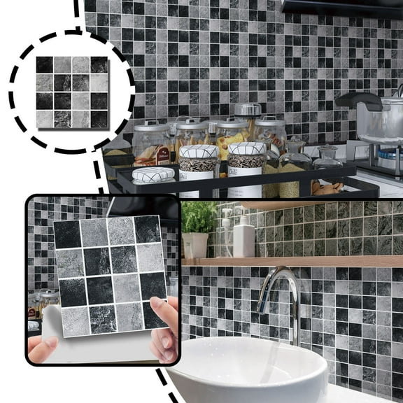 Peel and Stick Tile Waterproof Backsplash for Kitchen PVC Tile Stickers Self-Adhesive Floor Tile Mosaic Wall Tile DIY Tile Decals, 10x10cm/3.94x3.94in (10PCS,Black Gray Mosaic)