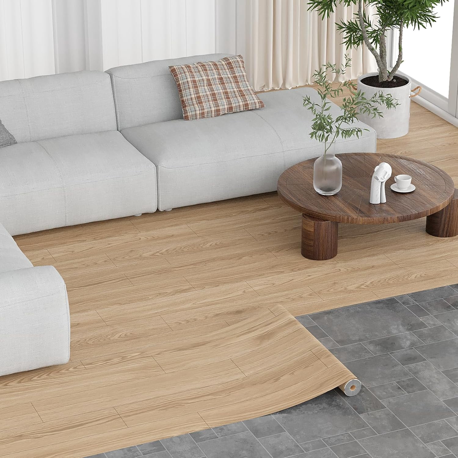 Peel and Stick Vinyl Flooring Roll 24"x 393"/ 64 Sq.Ft, Self Adhesive Vinyl Wood Flooring Planks Floor Tiles Stickers Waterproof for Bathroom Living Room Bedroom Kitchen RV, Light Walnut