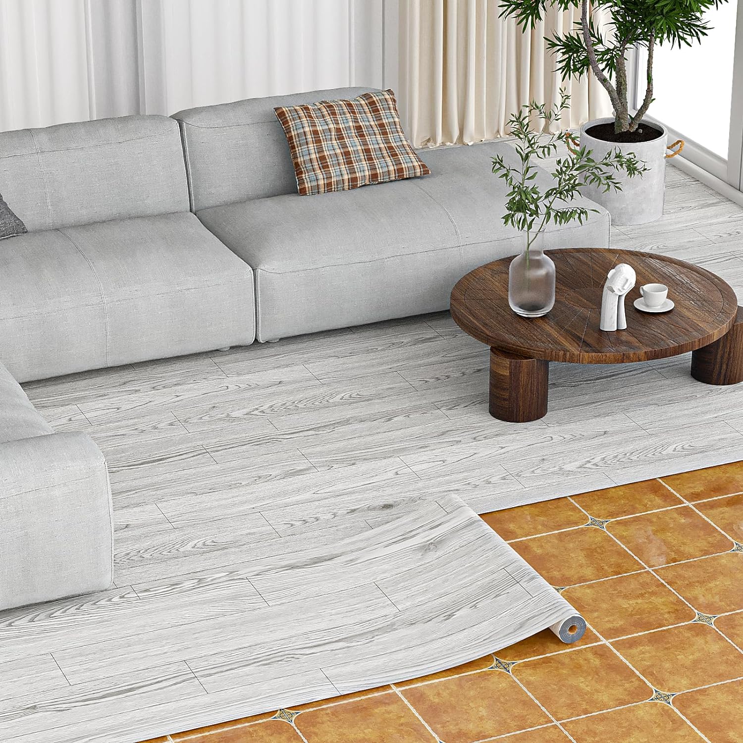 Peel and Stick Vinyl Flooring Roll 24"x 393"/ 64 Sq.Ft, Self Adhesive Vinyl Wood Flooring Planks Floor Tiles Stickers Waterproof for Bathroom Living Room Bedroom Kitchen RV, White Grey Wood