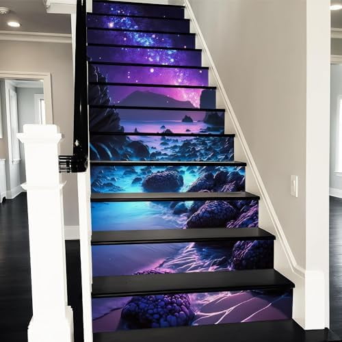 Peel and Stick Vinyl Stair Riser Decals Staircase Tile Stair Stickers Abstract Starry Celestial Planet Lake Art Decor Modern Marble Decoration Mural Self-Adhesive Wallpaper (14 Pcs)