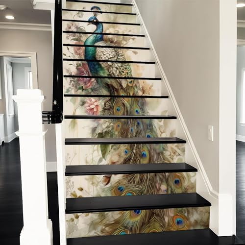 Peel and Stick Vinyl Stair Riser Decals Staircase Tile Stair Stickers Abstract Vintage Peacock Bird Boho Art Decor Modern Marble Decoration Mural Self-Adhesive Wallpaper (14 Pcs)$$Tools