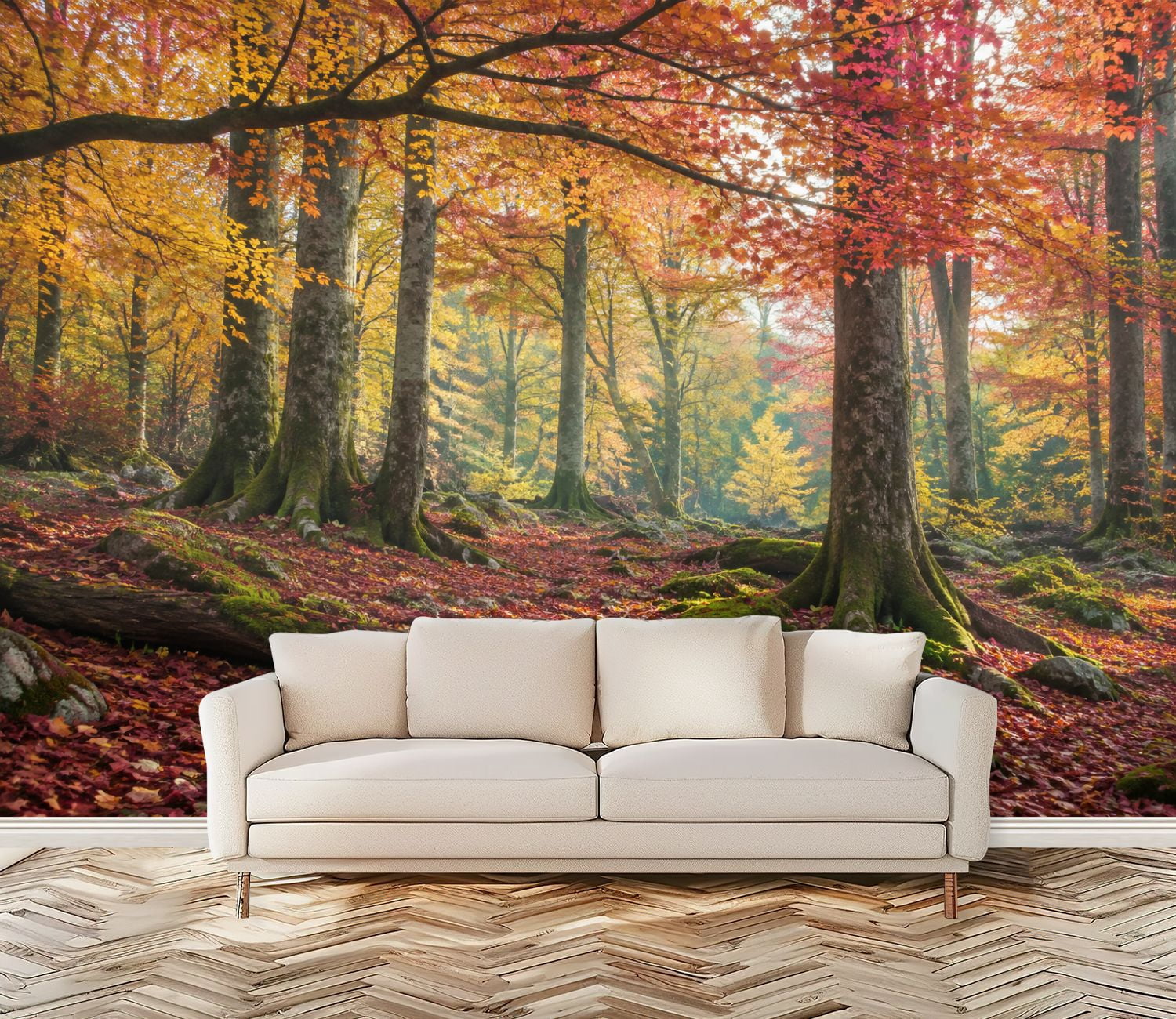 Fall Vinyl Peel and Stick Wall Mural Autumn Forest Landscape Golden Red Leaves ...