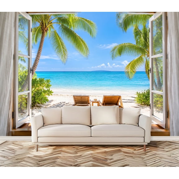 Peel and Stick Wall Mural Beach Window Coastal Seascape Self-Adhesive ...