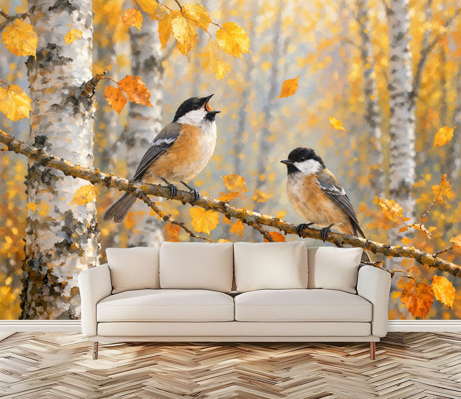 Fall Vinyl Peel and Stick Wall Mural Birch Tree Abstract Farmhouse birds autumn ...