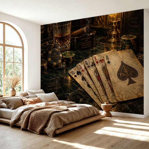 Peel and Stick Wall Mural Casino Gambling Poker Table Playing Cards Chips Whiskey Cards Chips Self-Adhesive Vinyl Wallpaper Removable Accent Wall Decor for Bedroom Living Room 69" x 96"