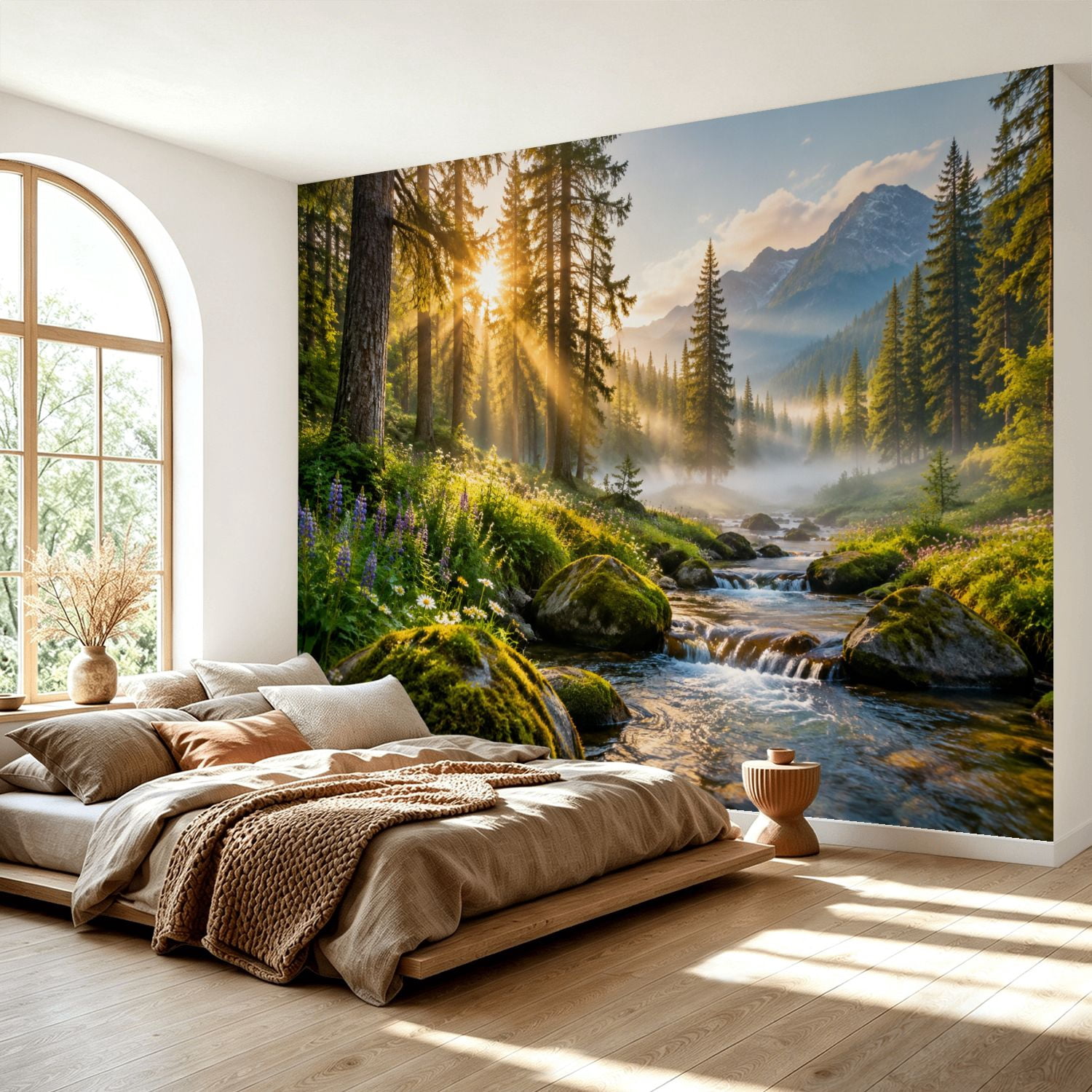 Stream Backround Simple Peel and Stick Wall Mural Luminous Forest Stream Sunlit Pines Majestic ...